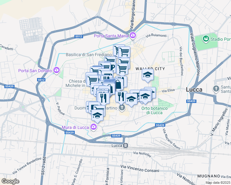 map of restaurants, bars, coffee shops, grocery stores, and more near 23 Via Santa Croce in Lucca