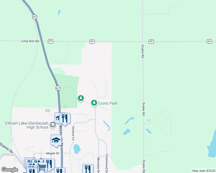 map of restaurants, bars, coffee shops, grocery stores, and more near 522B Crestwood Drive in Elkhart Lake