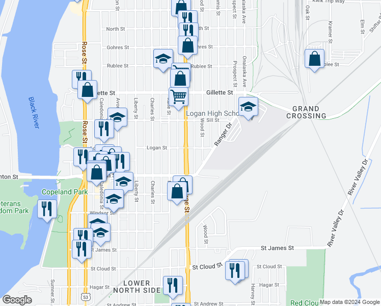 map of restaurants, bars, coffee shops, grocery stores, and more near 1346 George Street in La Crosse