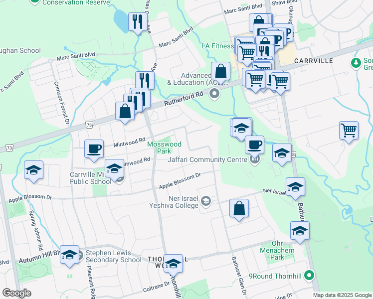 map of restaurants, bars, coffee shops, grocery stores, and more near 62 Hesperus Road in Vaughan