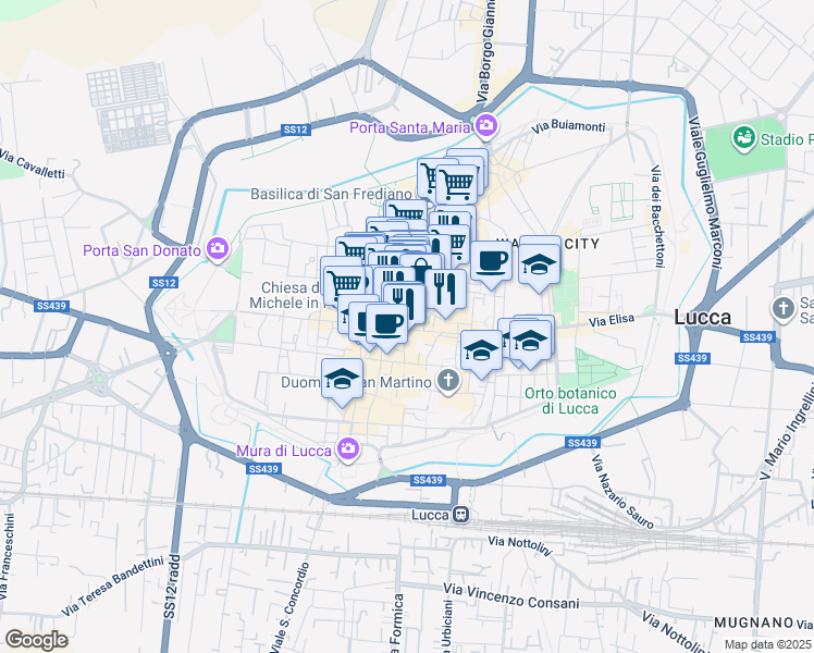 map of restaurants, bars, coffee shops, grocery stores, and more near 23 Via Santa Croce in Lucca