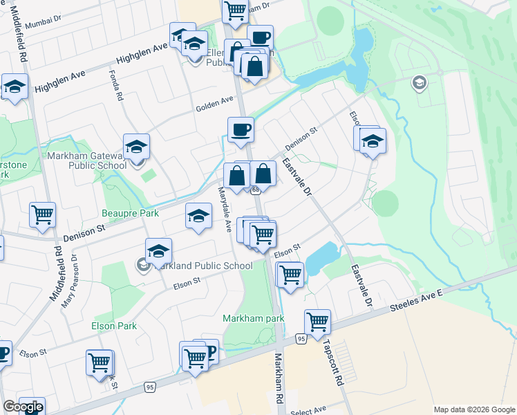 map of restaurants, bars, coffee shops, grocery stores, and more near 7235 Markham Road in Markham