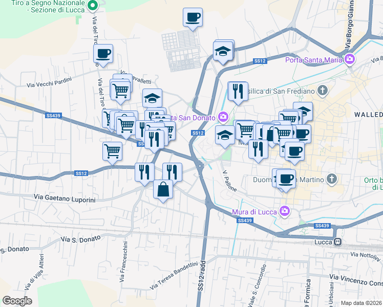 map of restaurants, bars, coffee shops, grocery stores, and more near in Lucca