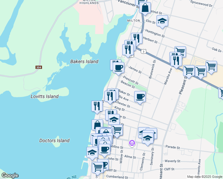 map of restaurants, bars, coffee shops, grocery stores, and more near 3 Baker Street in Yarmouth