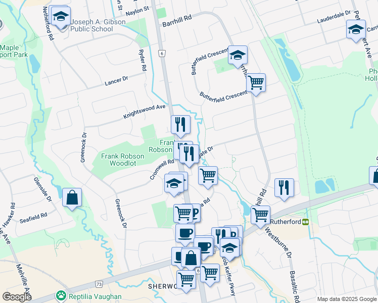 map of restaurants, bars, coffee shops, grocery stores, and more near 9519 Keele Street in Vaughan