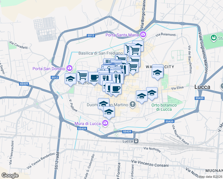 map of restaurants, bars, coffee shops, grocery stores, and more near in Lucca