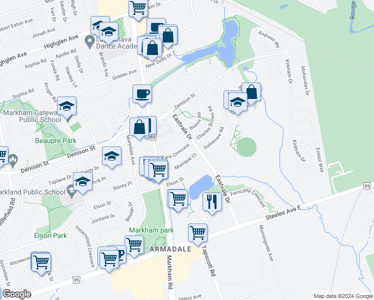 map of restaurants, bars, coffee shops, grocery stores, and more near 9 Tara Crescent in Markham