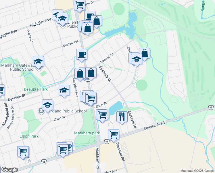 map of restaurants, bars, coffee shops, grocery stores, and more near 9 Tara Crescent in Markham