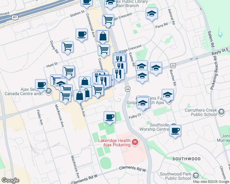map of restaurants, bars, coffee shops, grocery stores, and more near 73 Bayly Street West in Ajax
