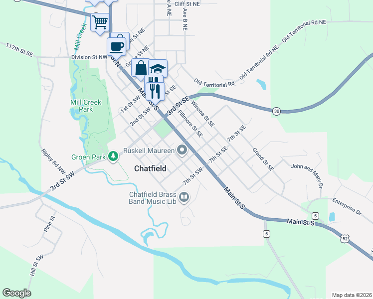 map of restaurants, bars, coffee shops, grocery stores, and more near 103 5th Street Southwest in Chatfield