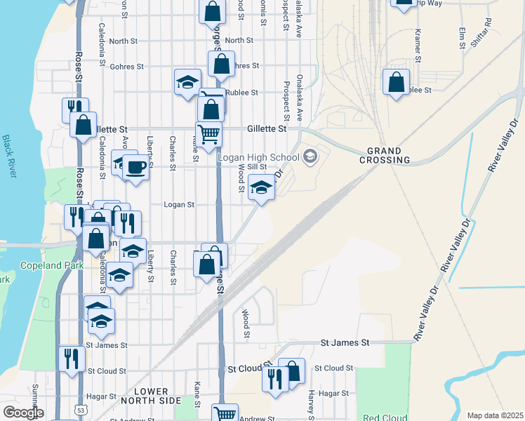 map of restaurants, bars, coffee shops, grocery stores, and more near 1500 Ranger Drive in La Crosse