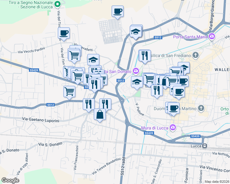 map of restaurants, bars, coffee shops, grocery stores, and more near in Lucca