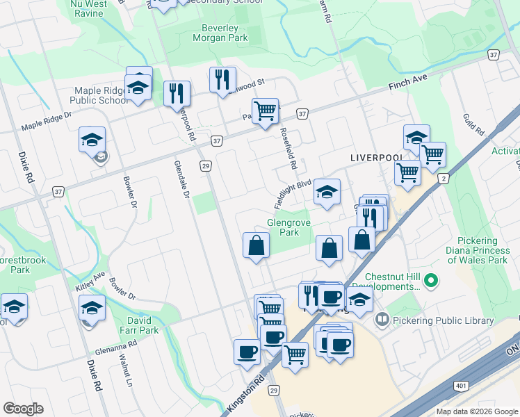 map of restaurants, bars, coffee shops, grocery stores, and more near 1980 Faylee Crescent in Pickering