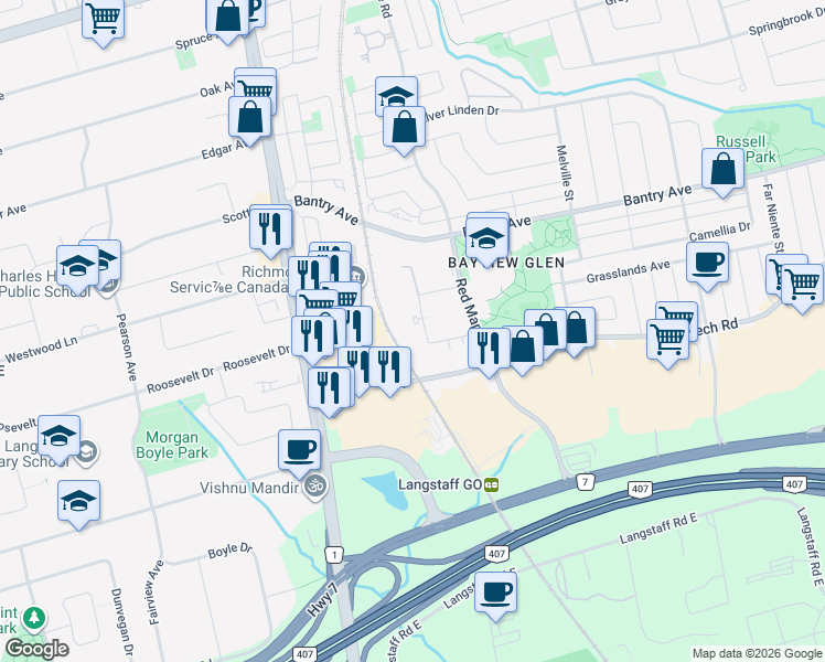 map of restaurants, bars, coffee shops, grocery stores, and more near 55 Oneida Crescent in Richmond Hill
