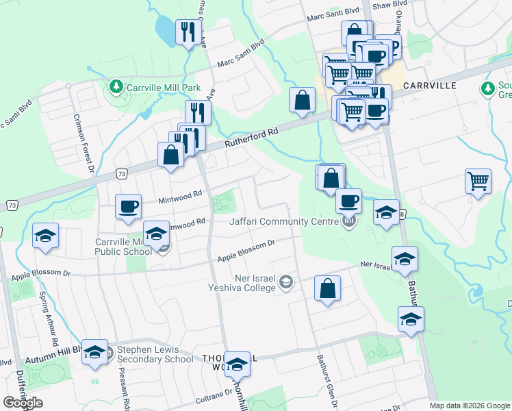 map of restaurants, bars, coffee shops, grocery stores, and more near 58 Hesperus Road in Vaughan