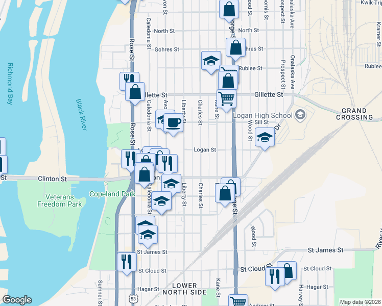 map of restaurants, bars, coffee shops, grocery stores, and more near 1412 Liberty Street in La Crosse