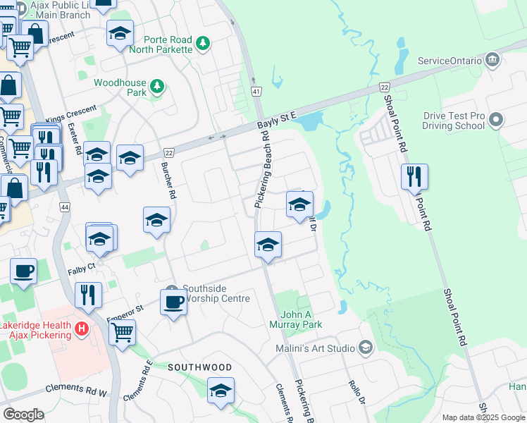 map of restaurants, bars, coffee shops, grocery stores, and more near 80 Howling Crescent in Ajax