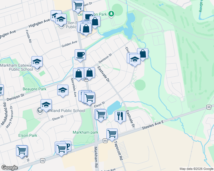 map of restaurants, bars, coffee shops, grocery stores, and more near 3 Tara Crescent in Markham