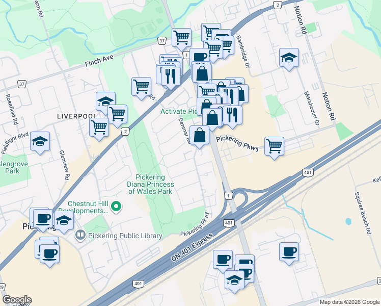 map of restaurants, bars, coffee shops, grocery stores, and more near 1655 Geta Circle in Pickering