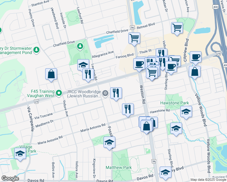 map of restaurants, bars, coffee shops, grocery stores, and more near 56 Coranto Way in Vaughan