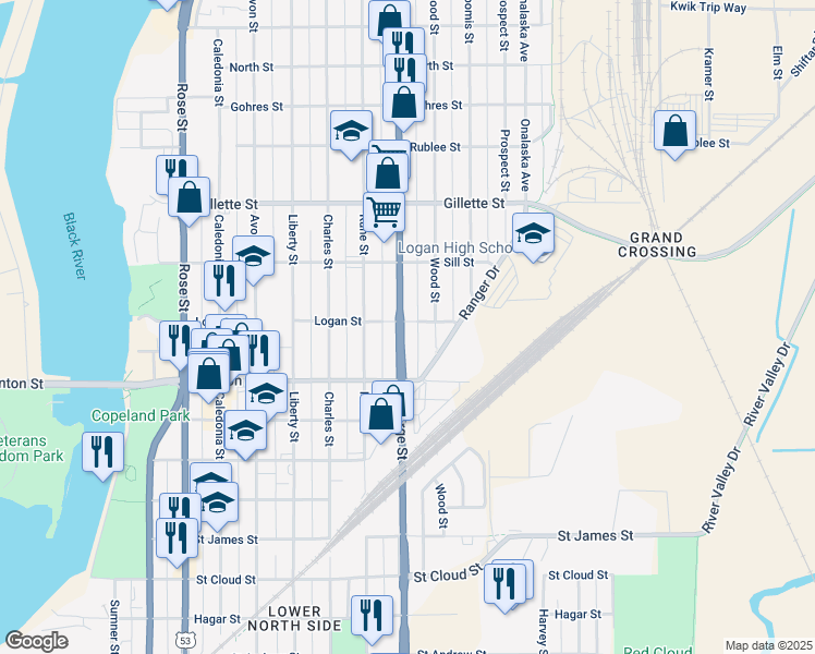 map of restaurants, bars, coffee shops, grocery stores, and more near 1412 George Street in La Crosse