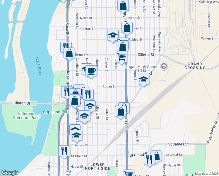 map of restaurants, bars, coffee shops, grocery stores, and more near 1412 Charles Street in La Crosse