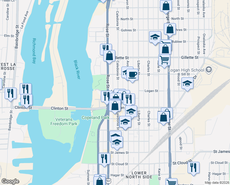 map of restaurants, bars, coffee shops, grocery stores, and more near 1412 Caledonia Street in La Crosse