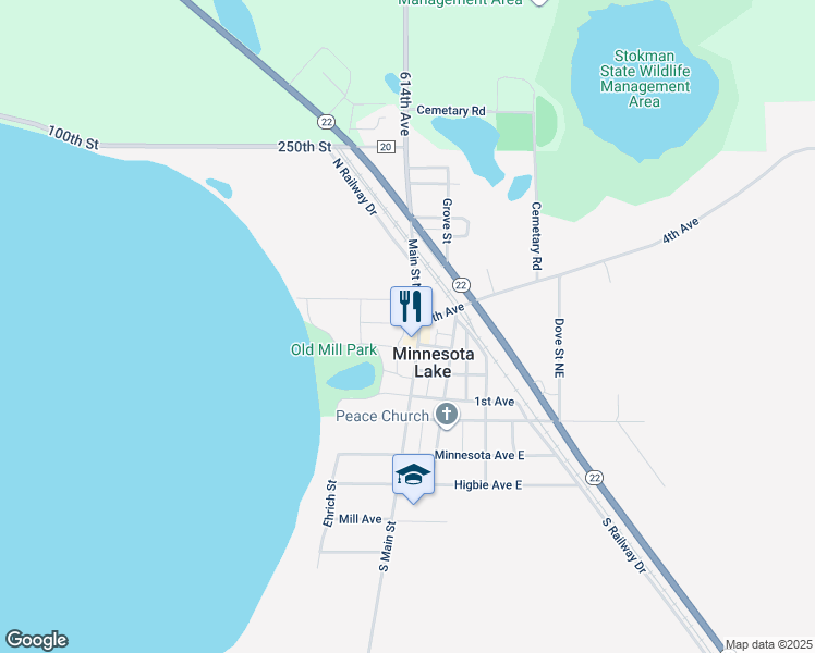 map of restaurants, bars, coffee shops, grocery stores, and more near 402 Main Street North in Minnesota Lake