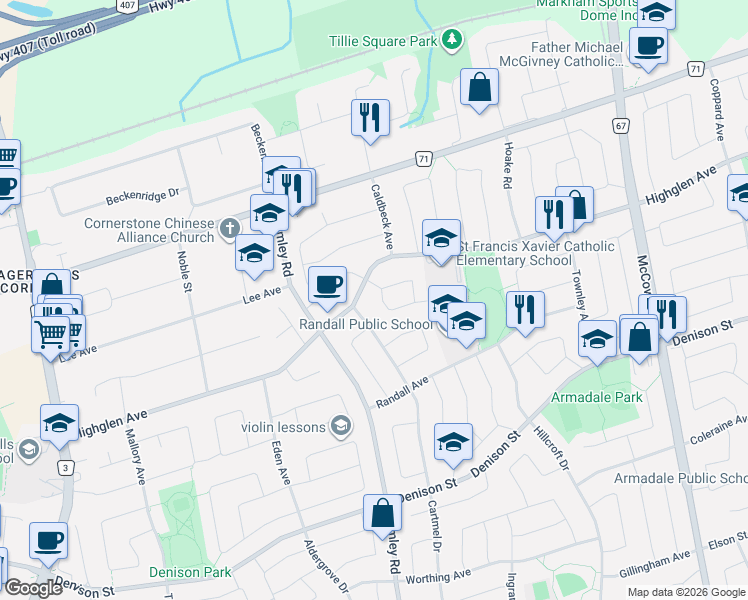 map of restaurants, bars, coffee shops, grocery stores, and more near 102 Harness Circle in Markham