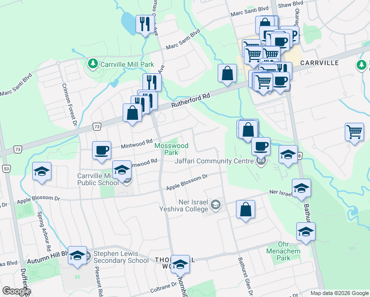 map of restaurants, bars, coffee shops, grocery stores, and more near 95 Dewpoint Road in Vaughan