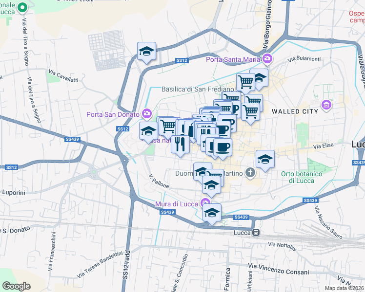 map of restaurants, bars, coffee shops, grocery stores, and more near 78 Via San Paolino in Lucca