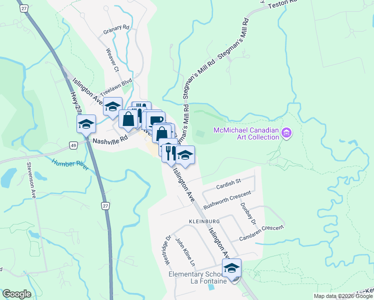 map of restaurants, bars, coffee shops, grocery stores, and more near 357 Stegmans Mill Rd in Vaughan