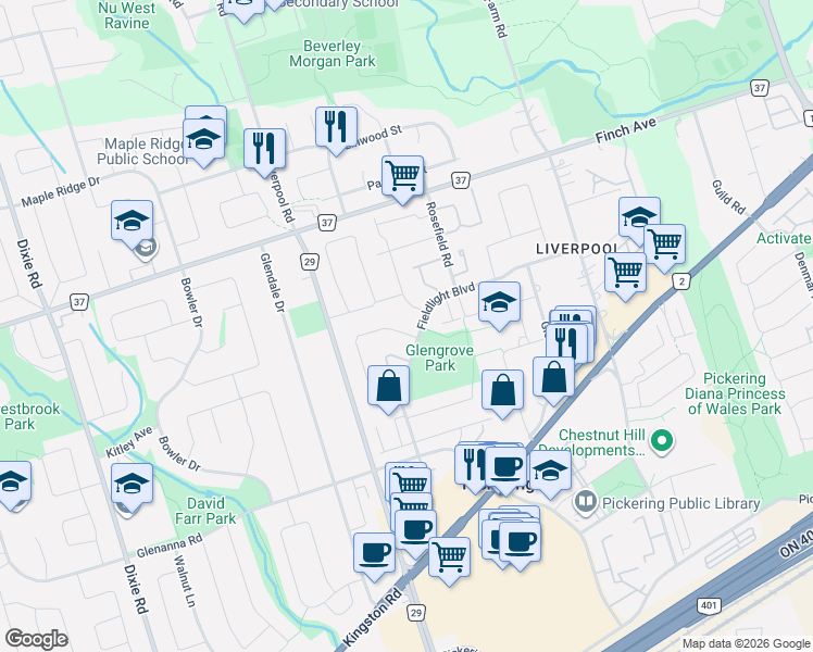map of restaurants, bars, coffee shops, grocery stores, and more near 1994 Faylee Crescent in Pickering