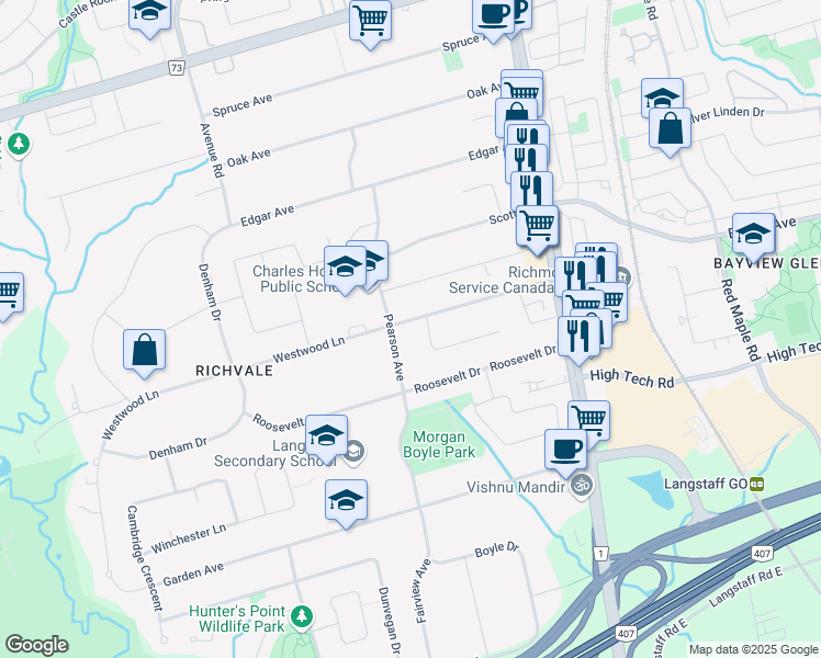 map of restaurants, bars, coffee shops, grocery stores, and more near 33 Westwood Lane in Richmond Hill