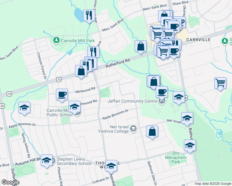 map of restaurants, bars, coffee shops, grocery stores, and more near 71 Dewpoint Road in Vaughan