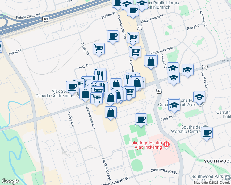 map of restaurants, bars, coffee shops, grocery stores, and more near 162 Bayly Street West in Ajax