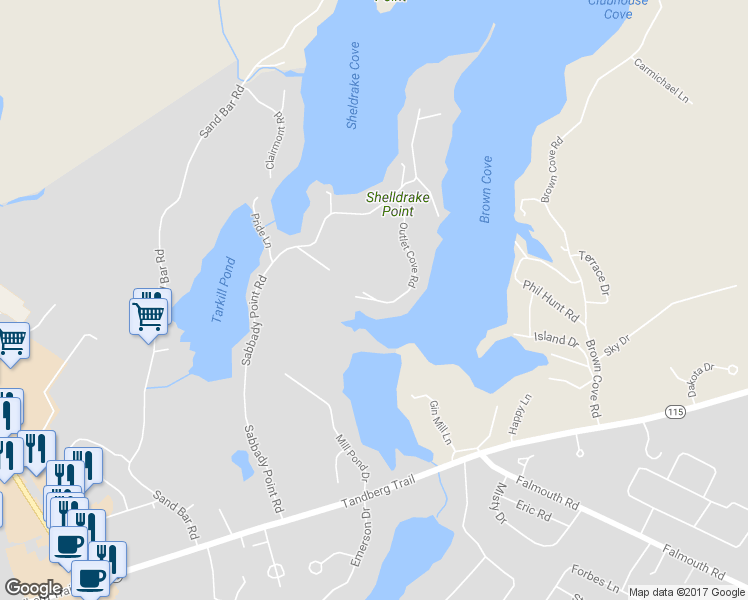 map of restaurants, bars, coffee shops, grocery stores, and more near 38 Outlet Cove Road in Windham