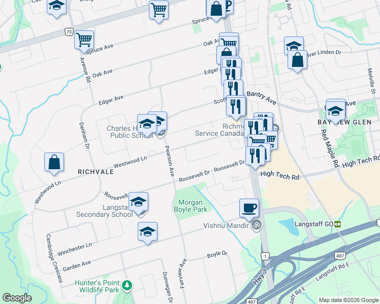 map of restaurants, bars, coffee shops, grocery stores, and more near 48 Sunnywood Crescent in Richmond Hill