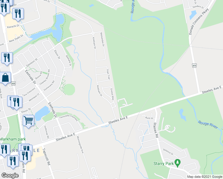 map of restaurants, bars, coffee shops, grocery stores, and more near 33 Erintol Way in Markham