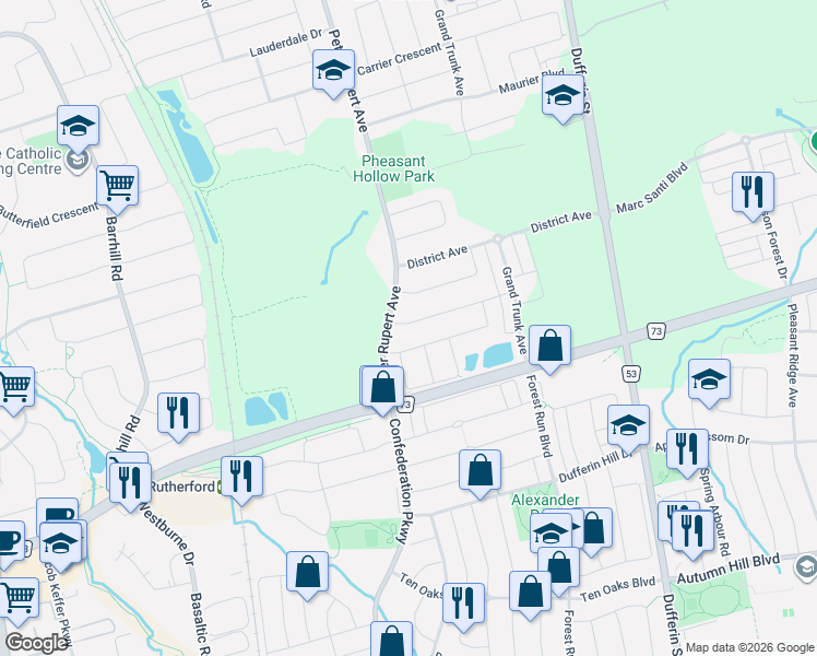 map of restaurants, bars, coffee shops, grocery stores, and more near 111 Maple Valley Road in Vaughan