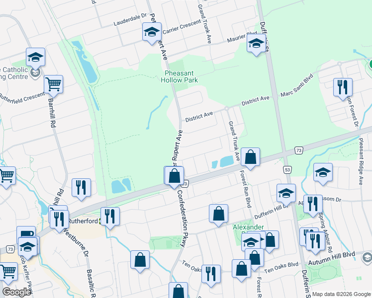 map of restaurants, bars, coffee shops, grocery stores, and more near 111 Maple Valley Road in Vaughan