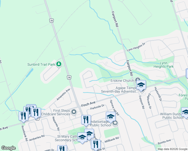 map of restaurants, bars, coffee shops, grocery stores, and more near 2120 Erin Gate Boulevard in Pickering