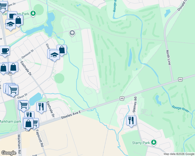 map of restaurants, bars, coffee shops, grocery stores, and more near 33 Erintol Way in Markham