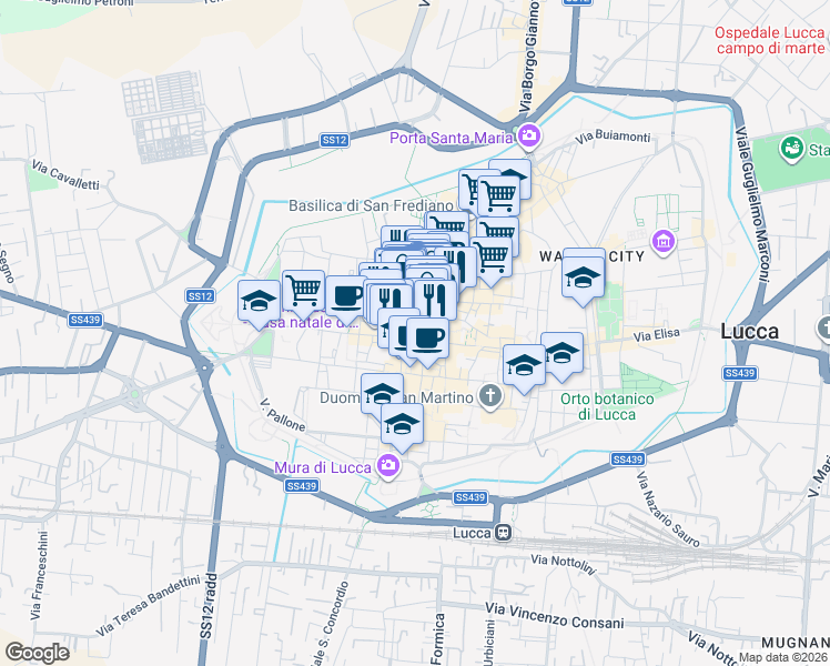 map of restaurants, bars, coffee shops, grocery stores, and more near in Lucca