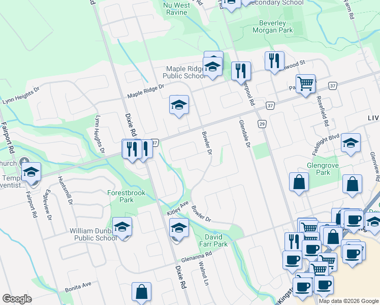 map of restaurants, bars, coffee shops, grocery stores, and more near 1156 Gloucester Square in Pickering