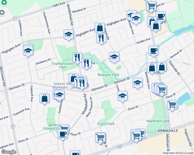 map of restaurants, bars, coffee shops, grocery stores, and more near 239 Doubtfire Crescent in Markham