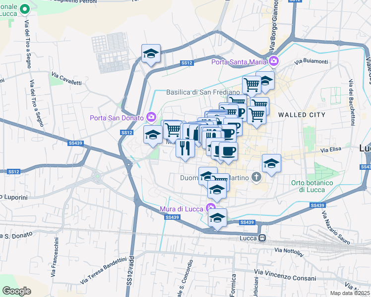 map of restaurants, bars, coffee shops, grocery stores, and more near 78 Via San Paolino in Lucca