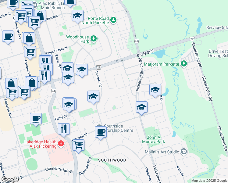 map of restaurants, bars, coffee shops, grocery stores, and more near 82 Billingsgate Crescent in Ajax