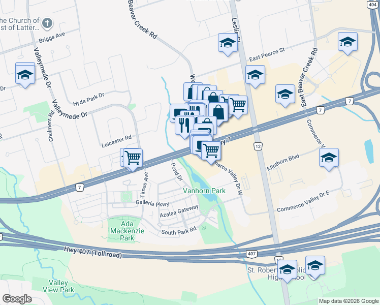 map of restaurants, bars, coffee shops, grocery stores, and more near Highway 7 in York Regional Municipality