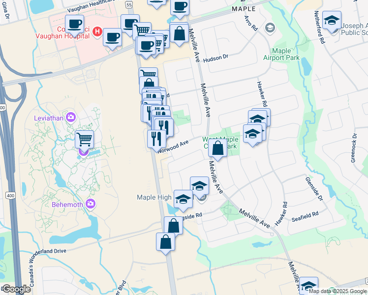 map of restaurants, bars, coffee shops, grocery stores, and more near 56 Norwood Avenue in Vaughan